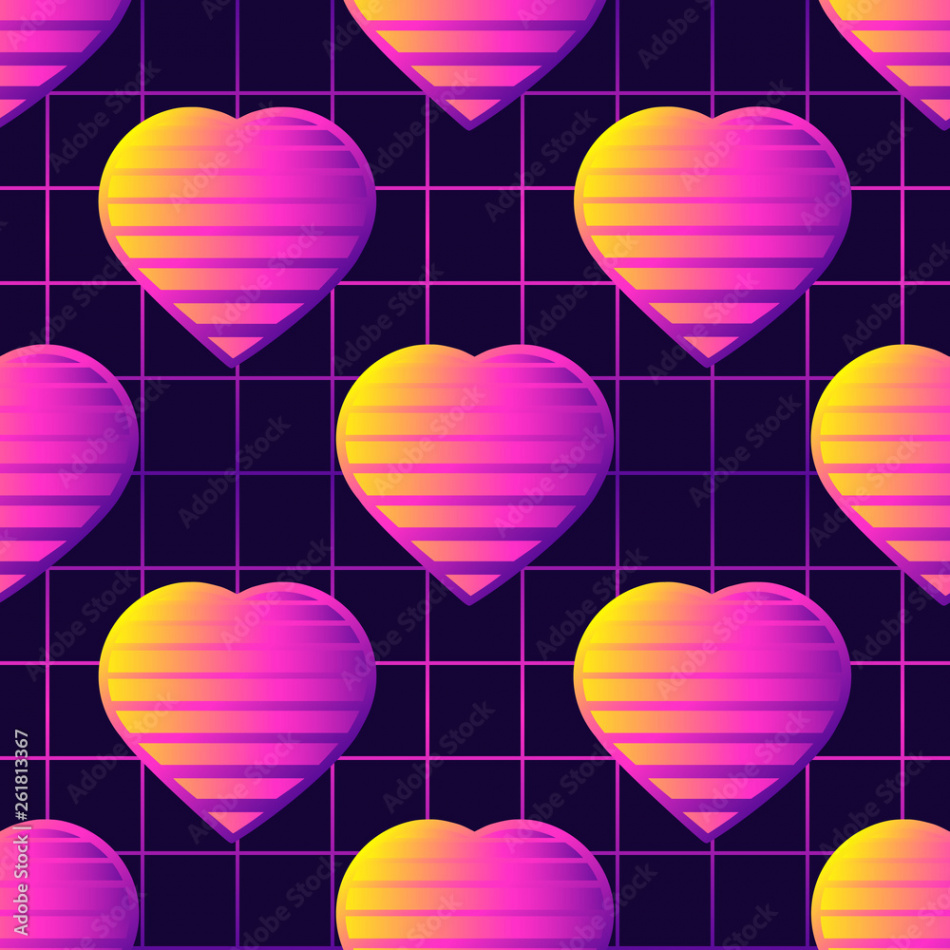 Neon retrowave s sunset style seamless pattern with heart