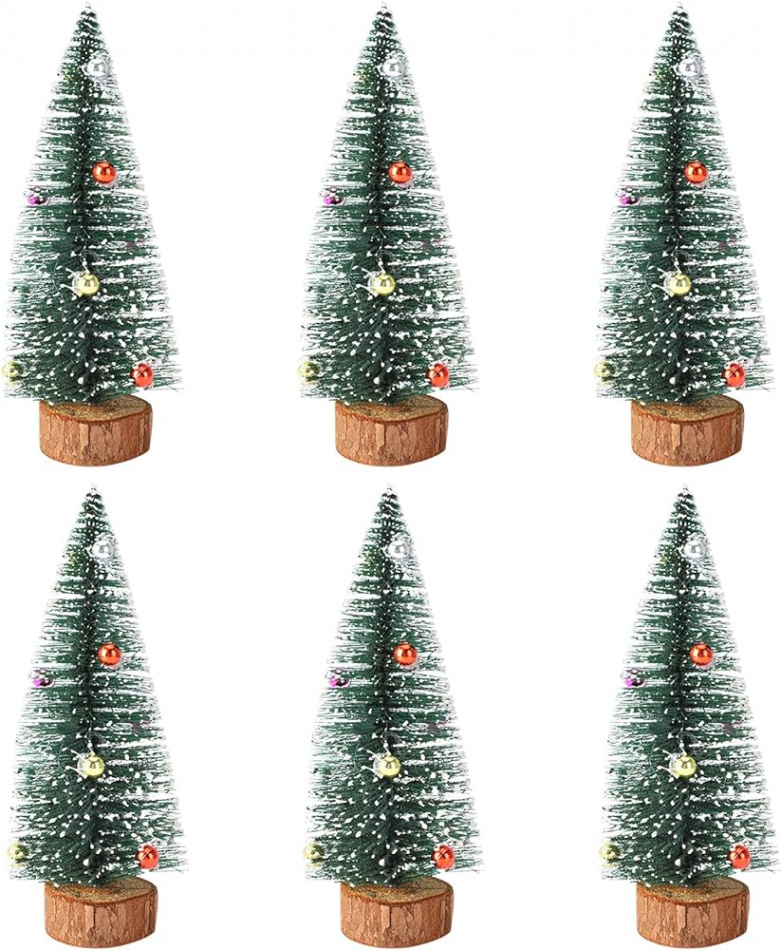 Pack Mini Christmas Trees Sisal Snow Frost cm Bottle Brush Trees with  Wooden Base and Baubles Ornaments Small Table Christmas Trees for Christmas