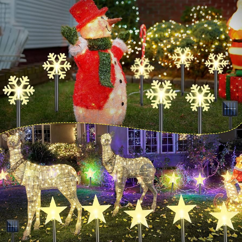 Pack of  Christmas Snowflake Lights Star Outdoor Path Marker Solar Posts  for Outdoor Lights Landscape Path Lights Waterproof Christmas Decorations