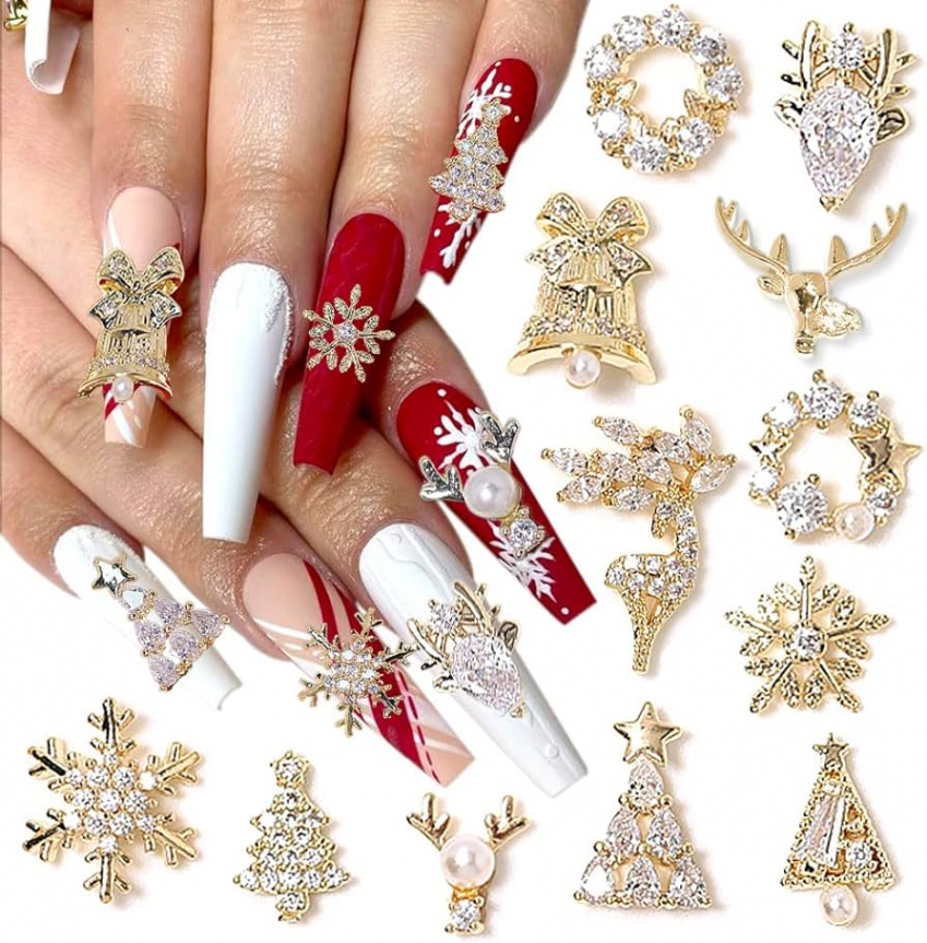 pcs Christmas Nail Charms,Alloy Chrismas Nail Art Charms Nail Gems Nail  Rhinestones Shiny Zircon Snowflake Elk Xmas Tree Chrismas Garland Nail  Decor