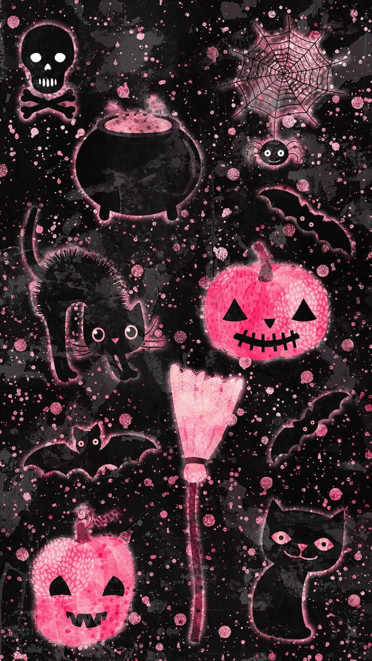 Pink Black Halloween, Adoxali, October, animal, bat, broomstick