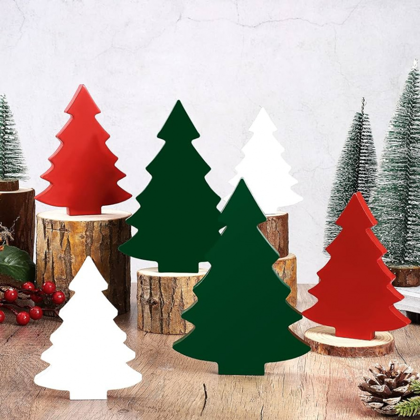 Qunclay Pack of  Wooden Christmas Trees Table Decoration Rustic Wooden  Christmas Trees Tiered Tray Decoration Mini Christmas Tree Mini Wooden  Block