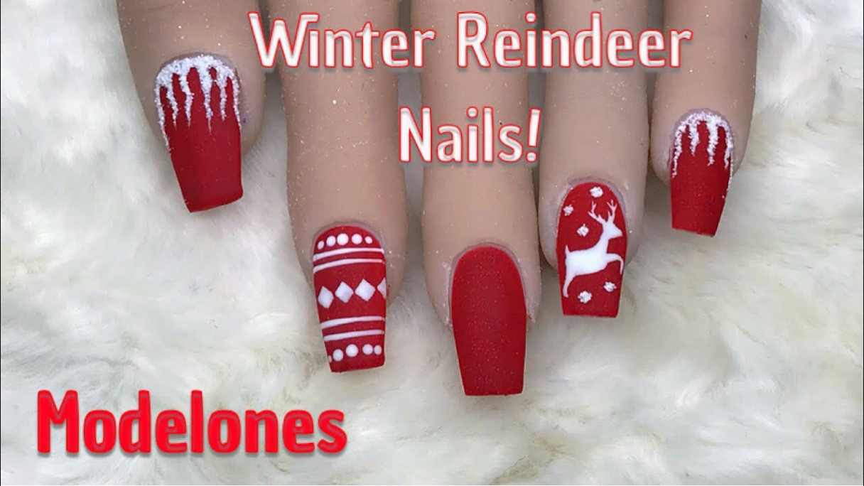 Red and White Winter Reindeer Nails  Modelones  Nail Sugar