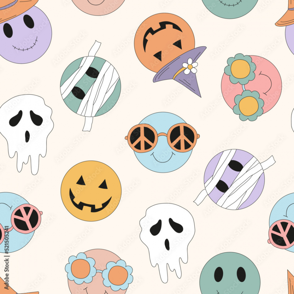 Retro s s Hippie Groovy Halloween Smiley Face vector seamless