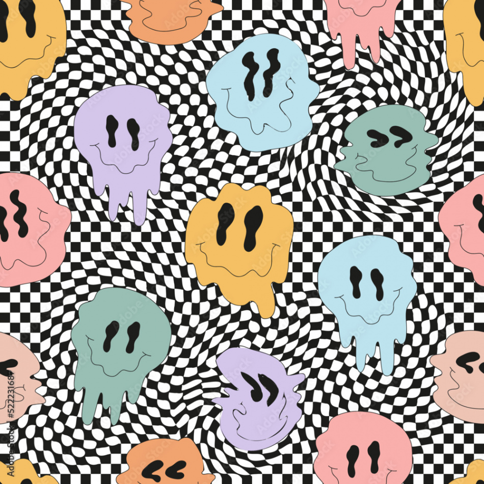 Retro s s Hippie Groovy Melting Smile Faces on checkerboard