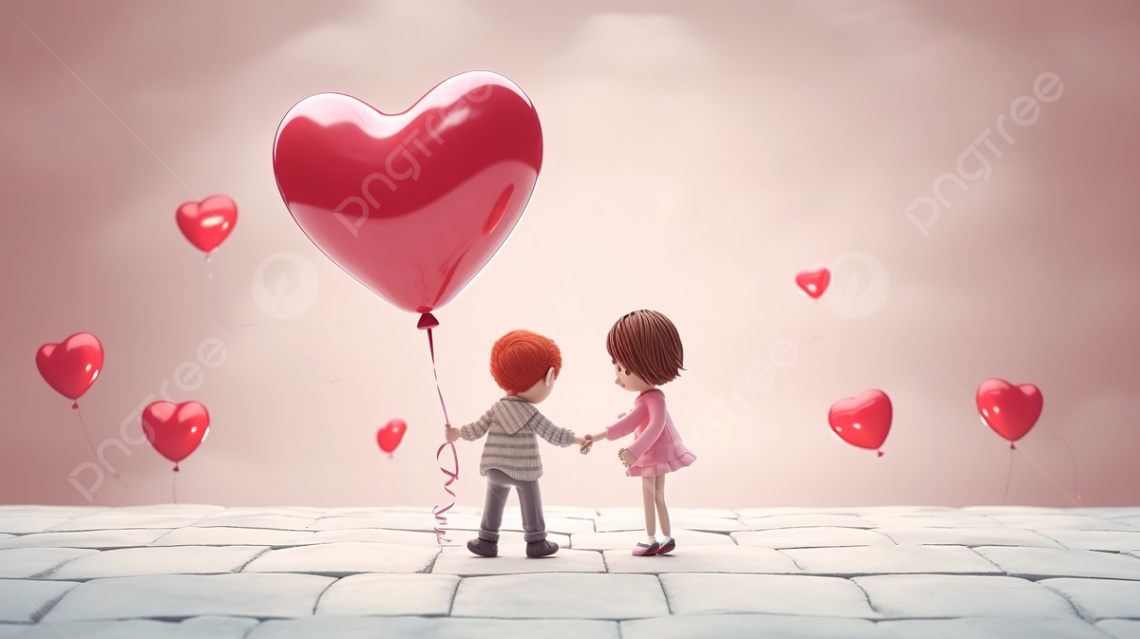 Romantic Duo With Heart Shaped Balloons In d Rendering Background