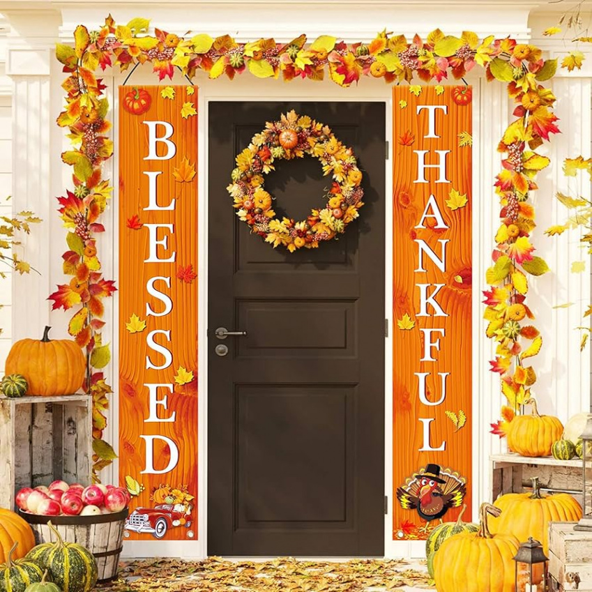 Thanksgiving Day Decorations Thanksgiving Decorations Autumn Decorations  Fall Decorations BLESSED THANKSFUL Hanging Banner Porch Sign Fall Harvest