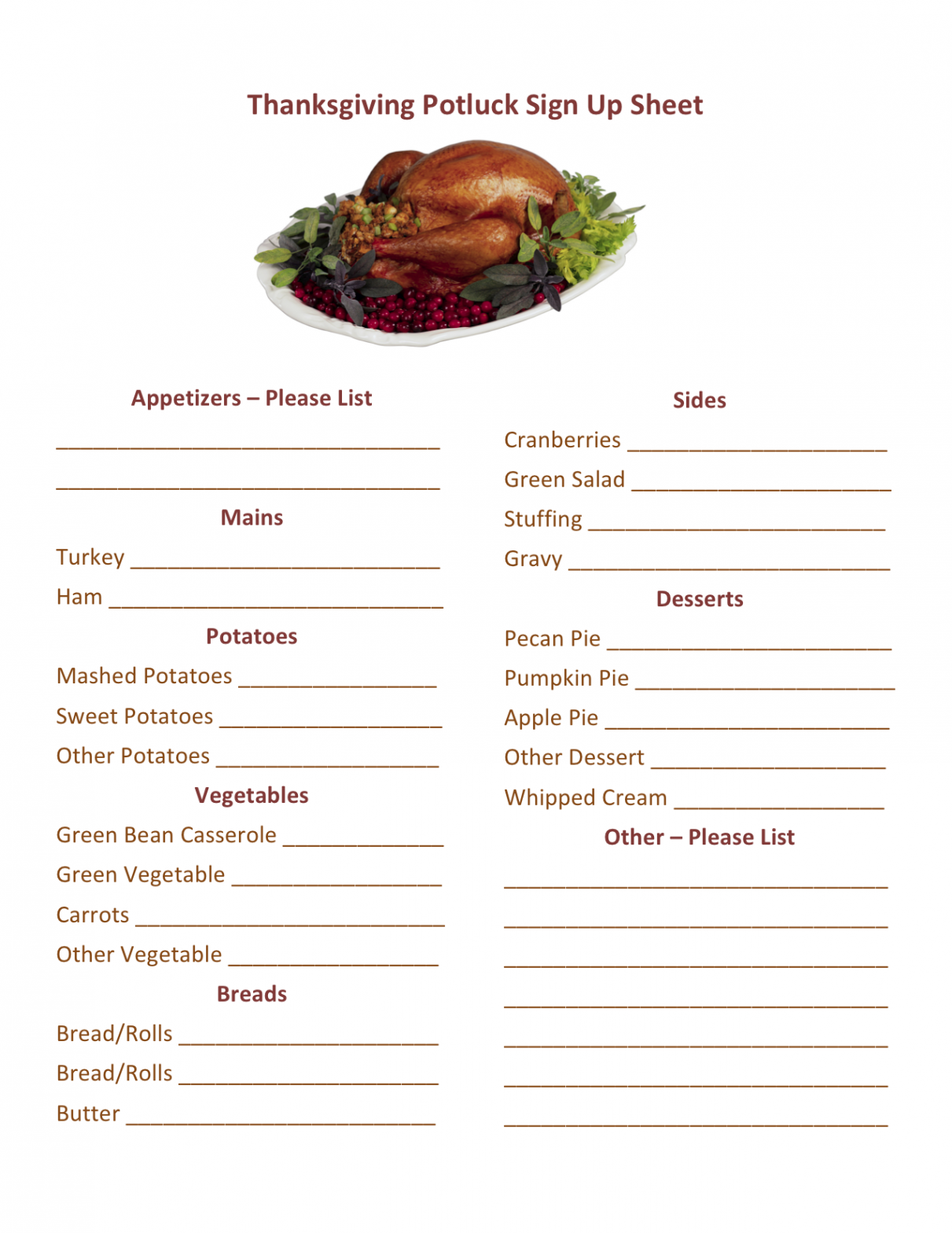 Thanksgiving Potluck Sign Up Printable  Thanksgiving potluck