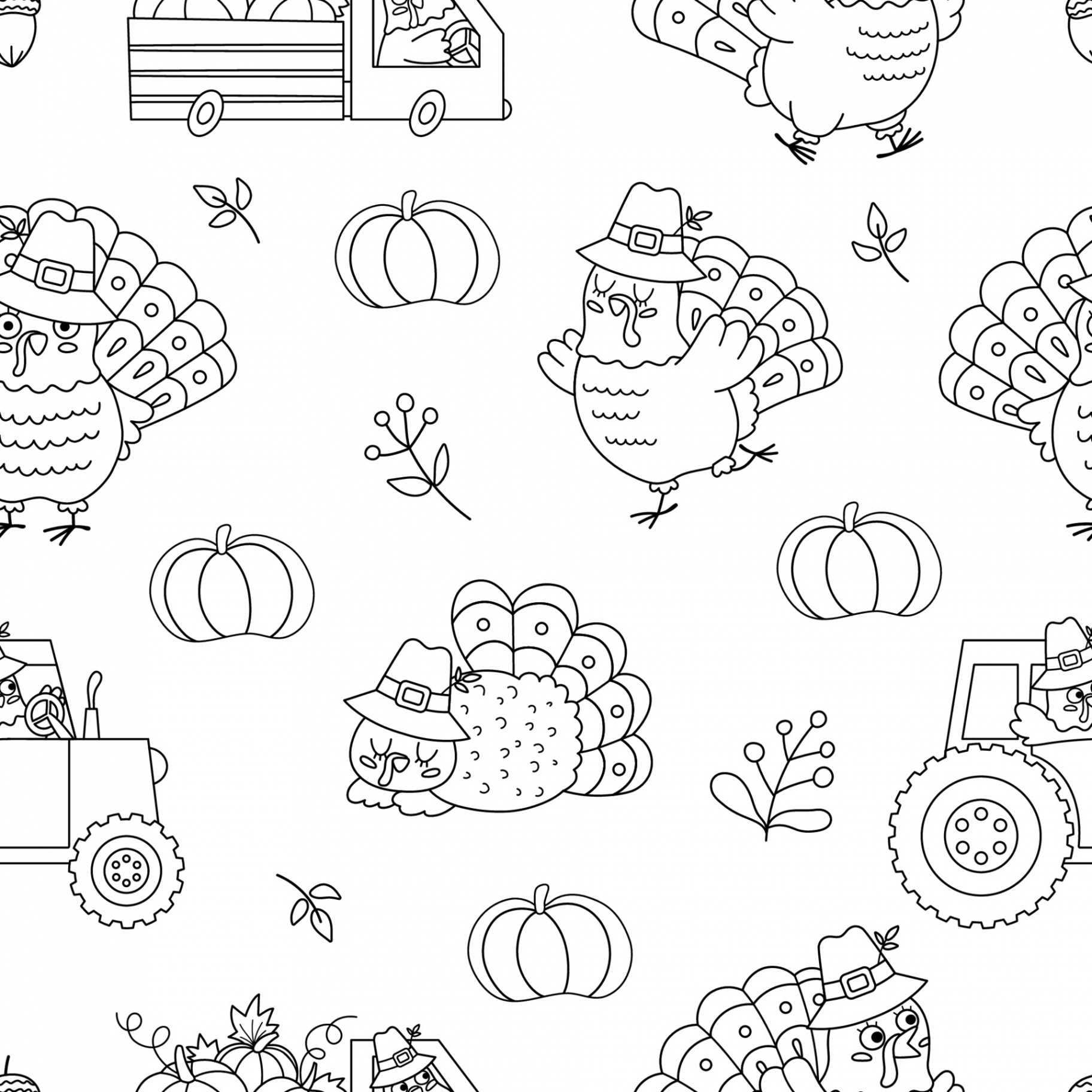 Vector black and white Thanksgiving elements seamless pattern