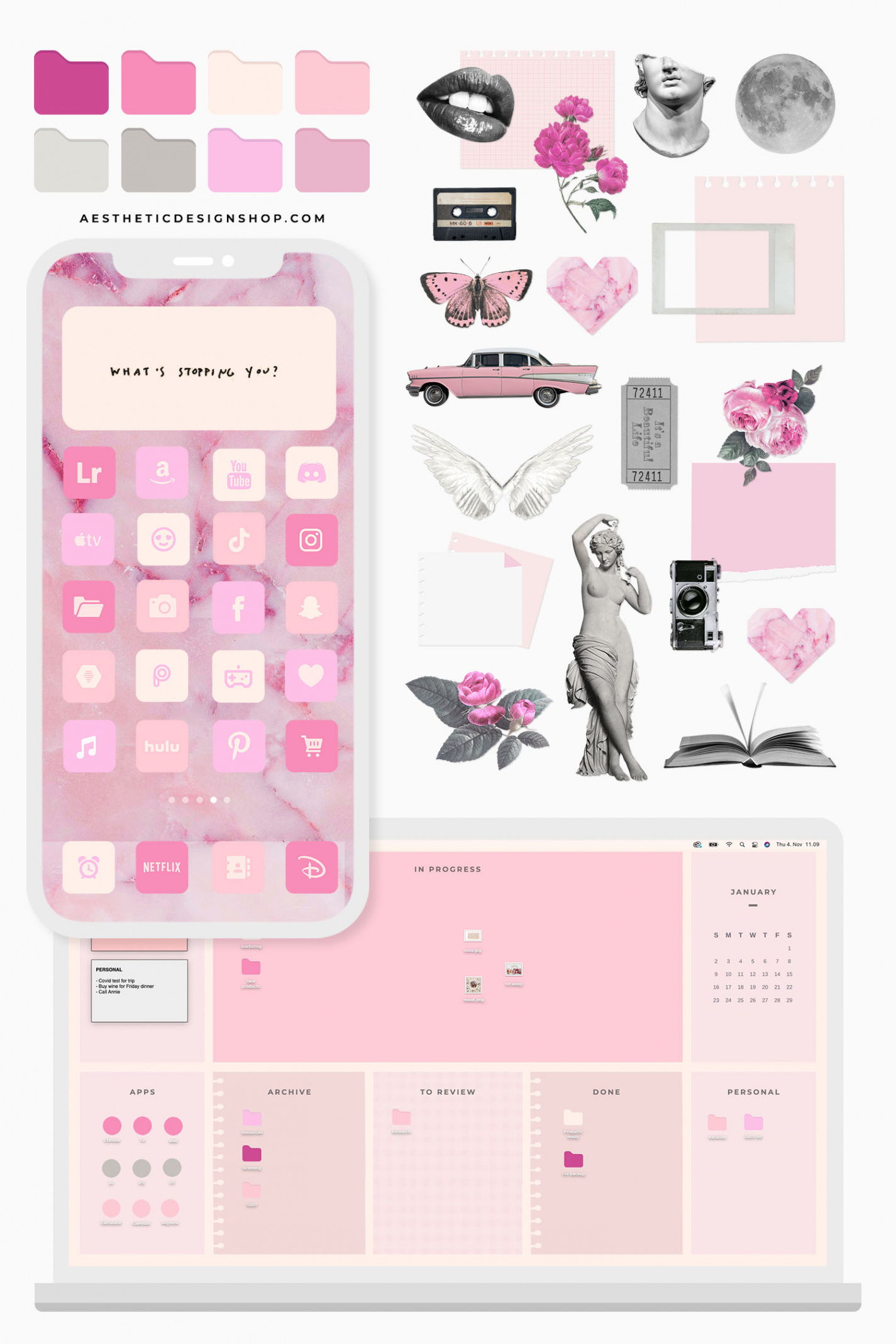 Vintage Pink Tech Aesthetic Set: stickers, wallpapers, desktop