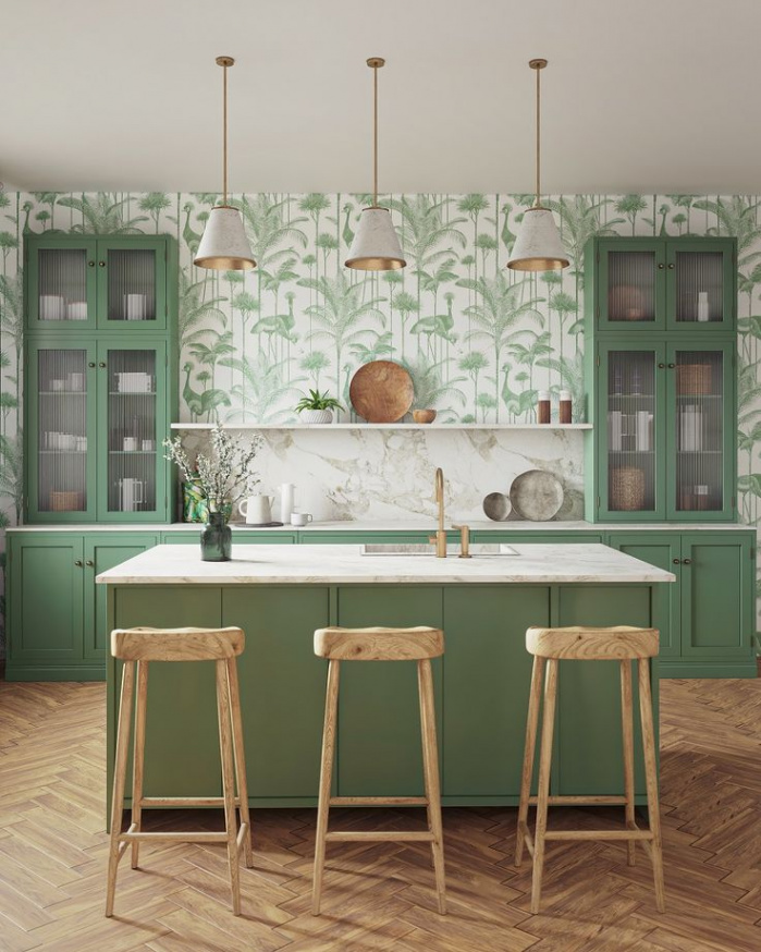 A Green Kitchen Taken to Another Level With Wallpaper - Dear