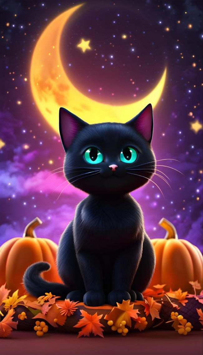 Cute black cat under a crescent moon Halloween lockscreen