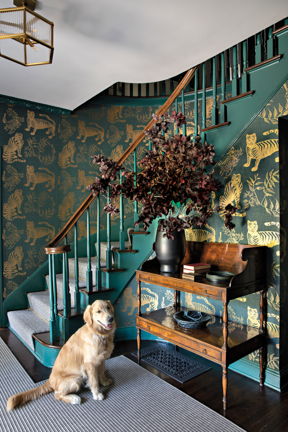 Entryway Staircase With Metallic Green And Gold Wallpaper