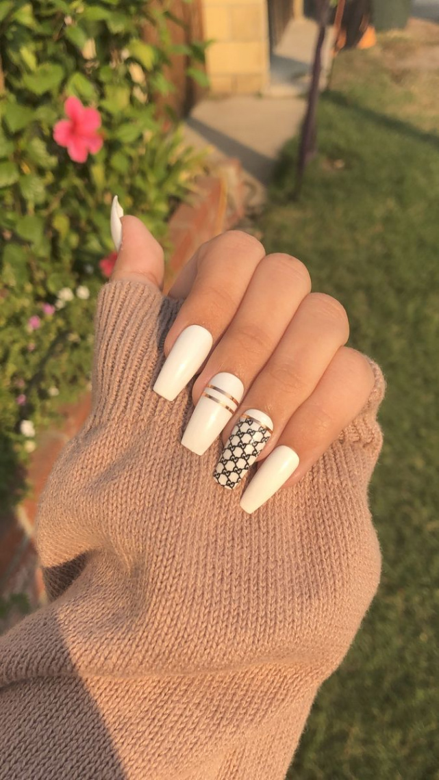 gucci nails  designer nails  white nails  long nails  short