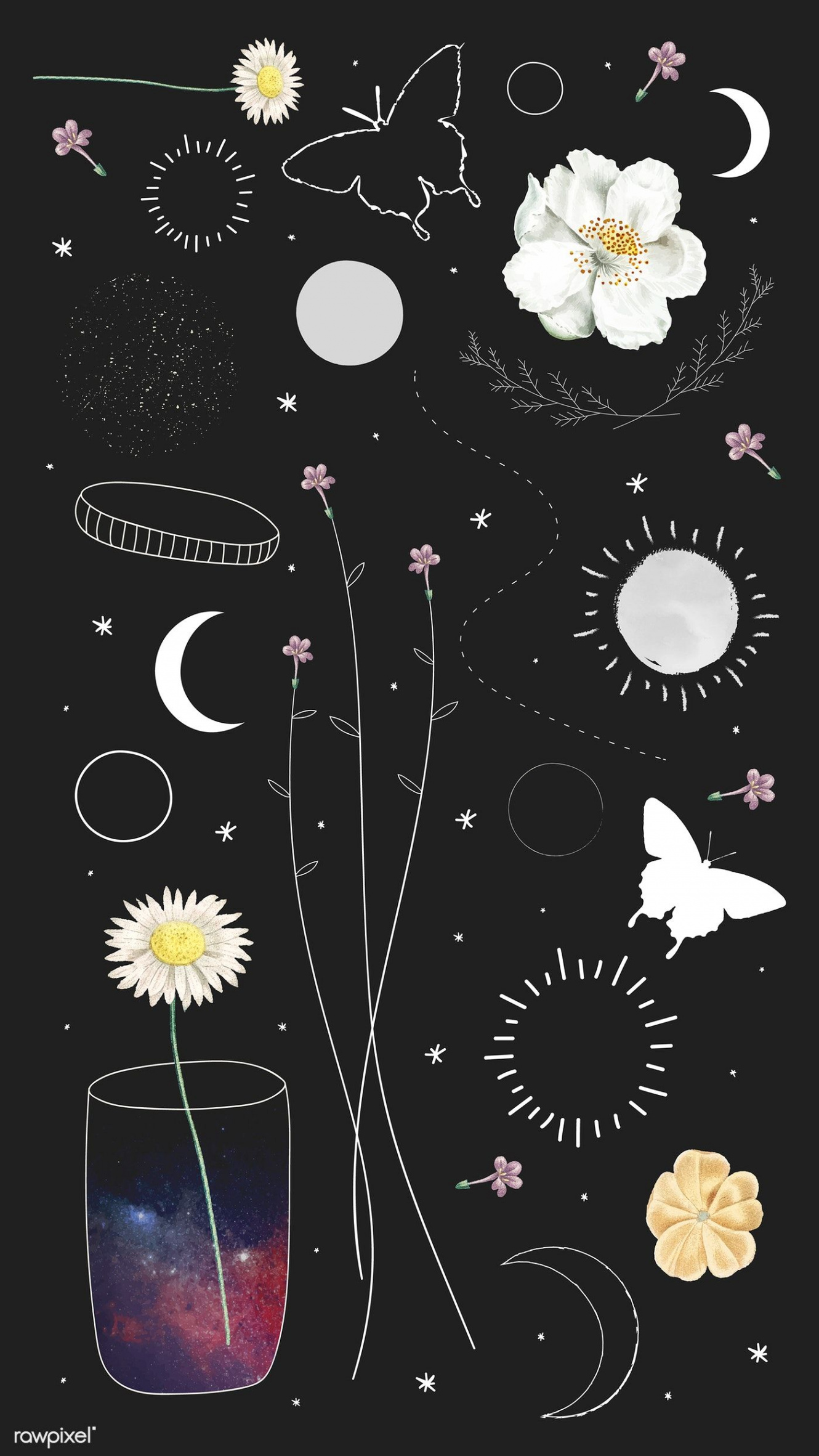 Minimal floral galaxy design mobile phone wallpaper vector set