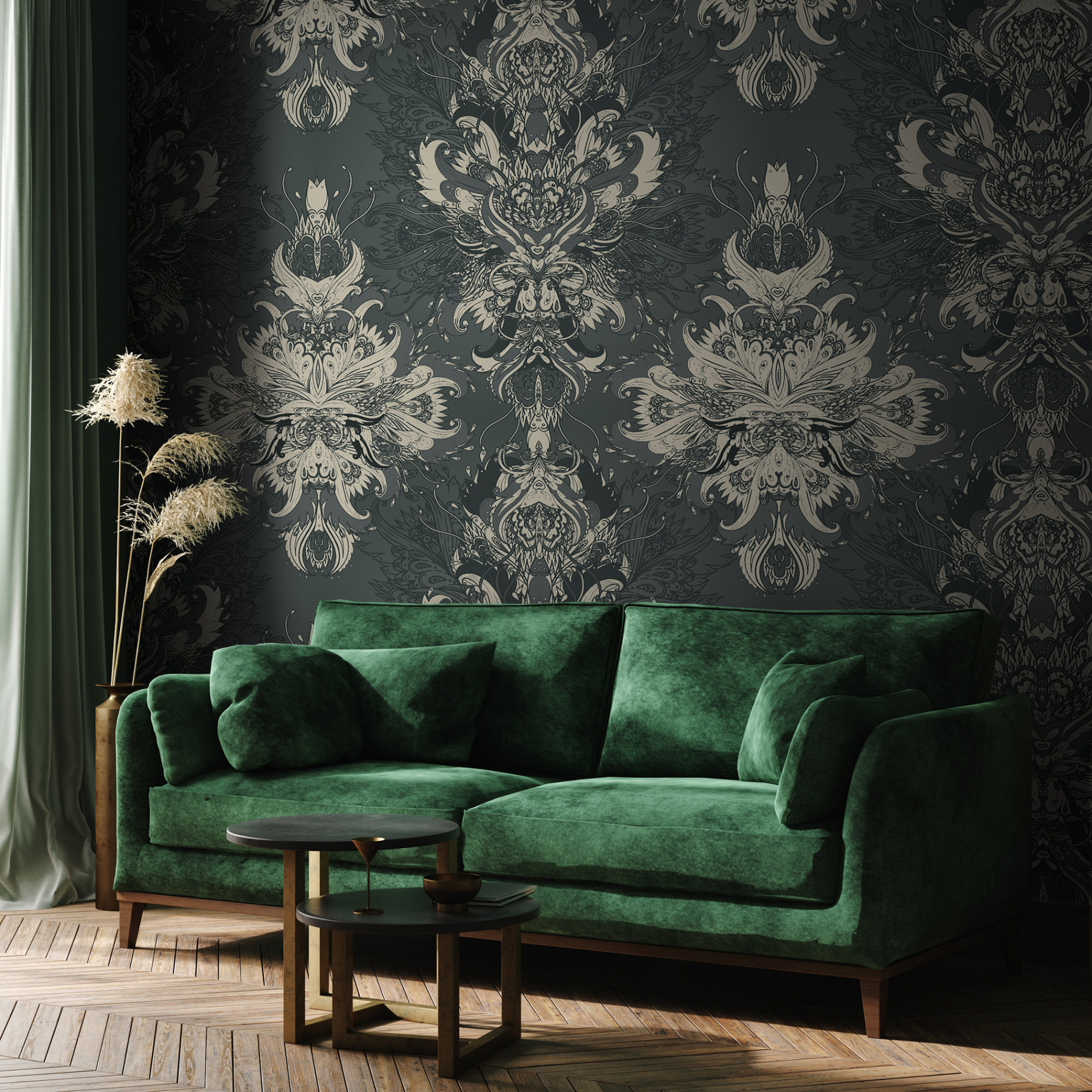 Removable Dark Green Damask Mural, Victorian Wallpaper, Self