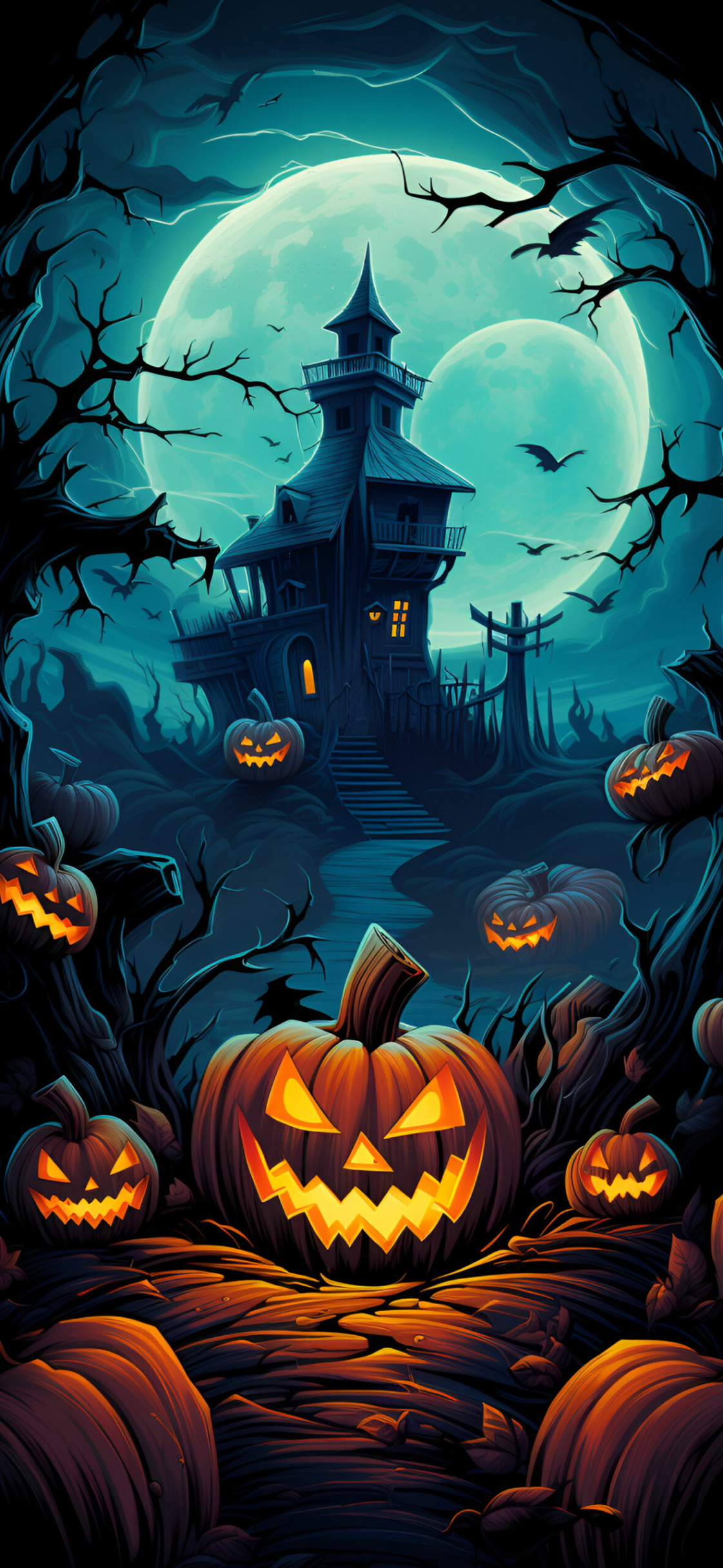 Scary Jack-o-Lantern House Halloween Wallpaper for iPhone in K