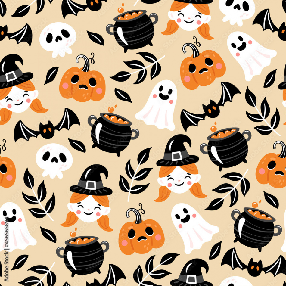 Seamless pattern for Halloween holiday with pumpkin, witch, ghost