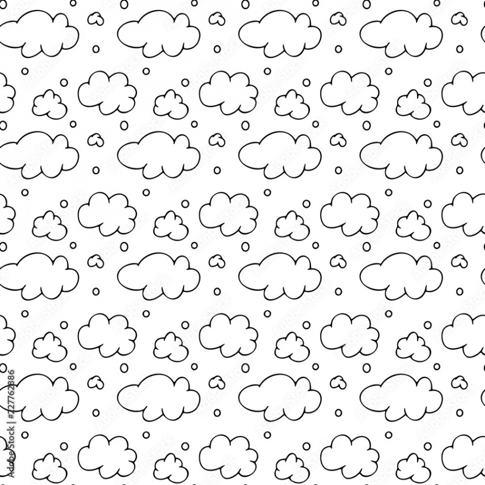 Seamless pattern of black outline clouds on the white background