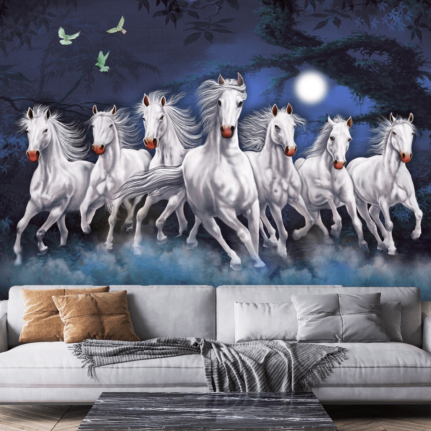 Seven Horses Running At Night Digitally Printed Wallpaper