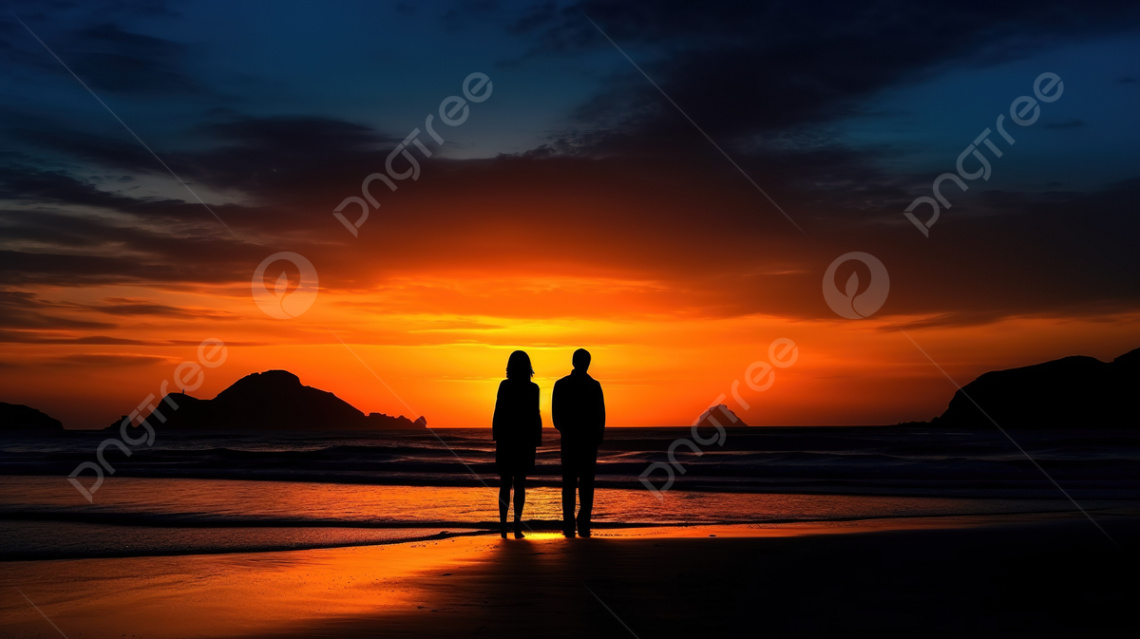 Two People Standing At The Beach Near The Sunset In Silhouette