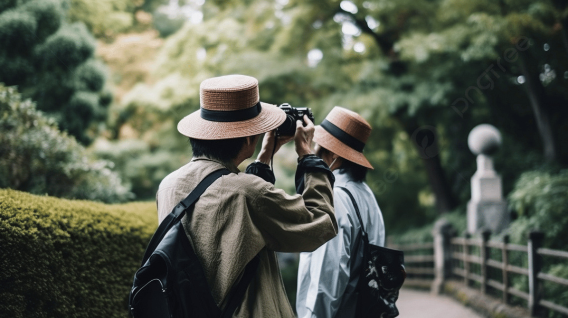 Two People Taking Photographs In A Garden Background,  People