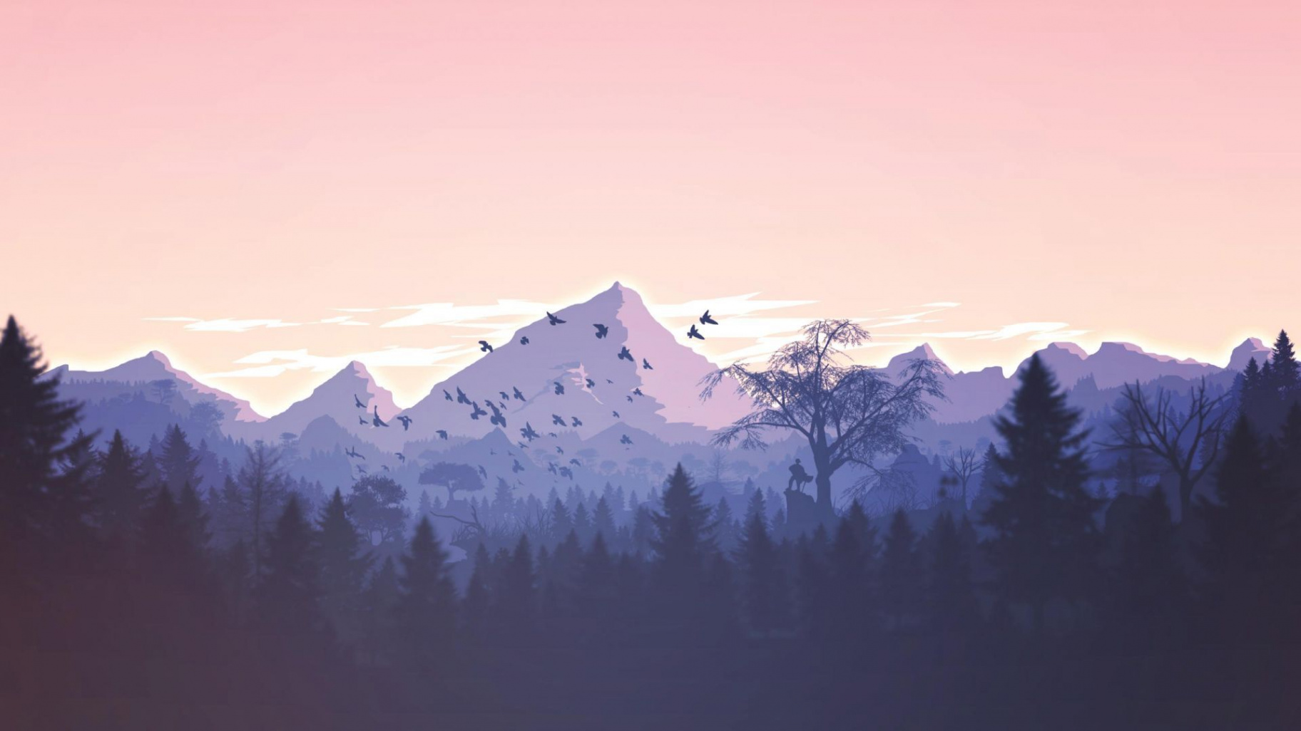 Wallpaper forest, mountains, violet, birds, art, HD, Abstract